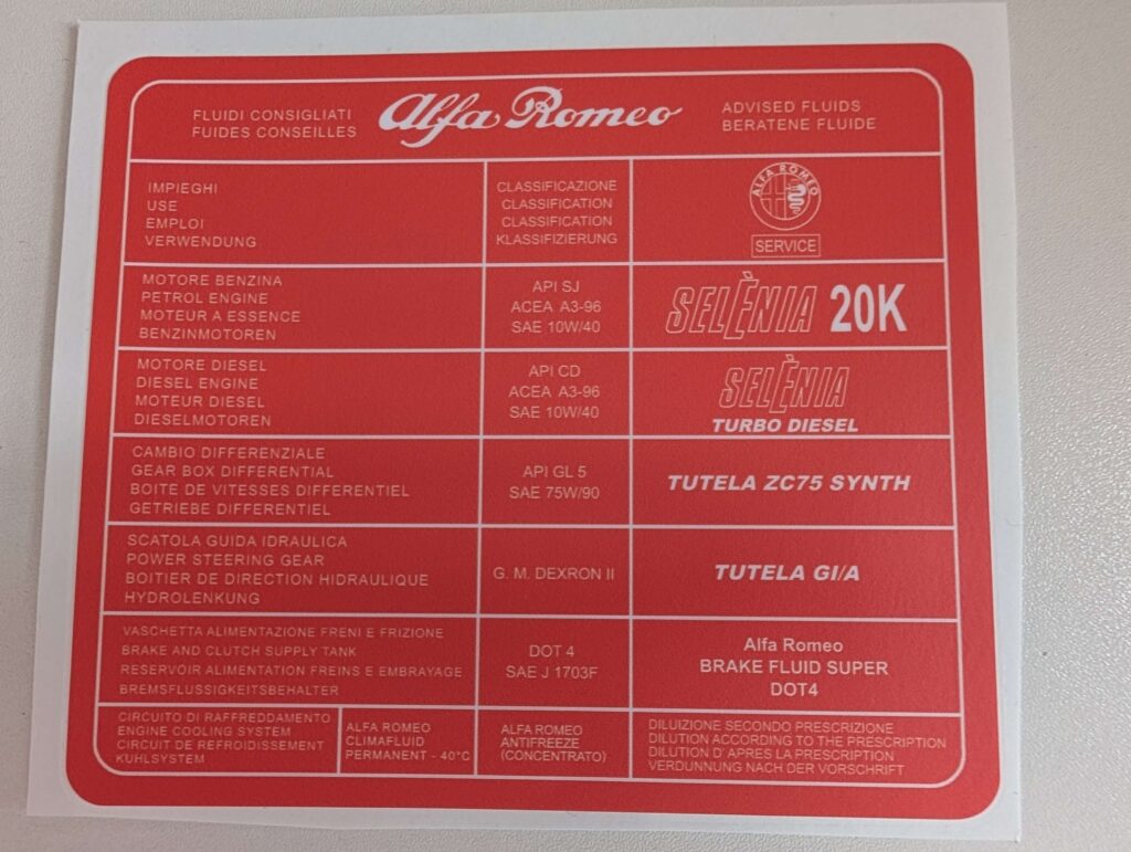 ALFA ROMEO ADVISED FLUIDS (Red) - Under Bonnet Sticker / Decal