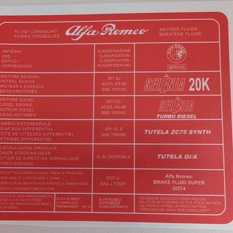 ALFA ROMEO ADVISED FLUIDS (Red) - Under Bonnet Sticker / Decal