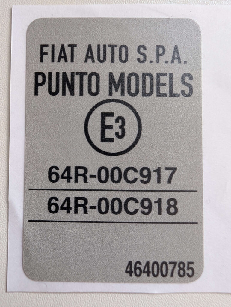 FIAT PUNTO (MK1) HOMOLOGATION - Under Bonnet Sticker / Decal