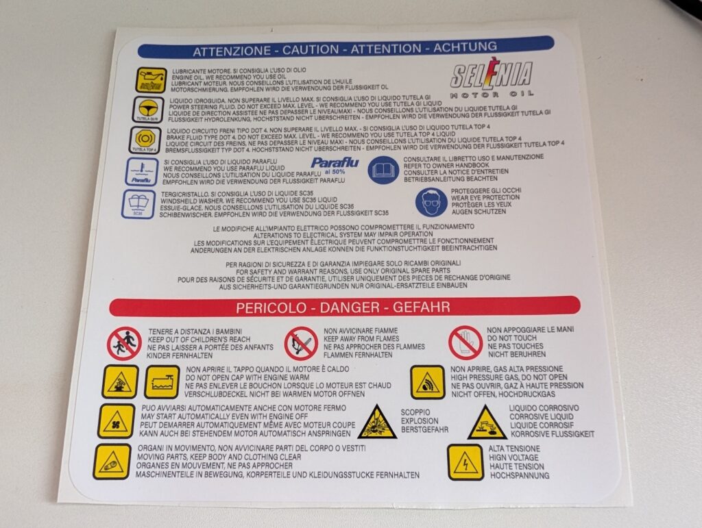 OIL & FLUID GUIDANCE + DANGER ICONS - Under Bonnet Sticker / Decal