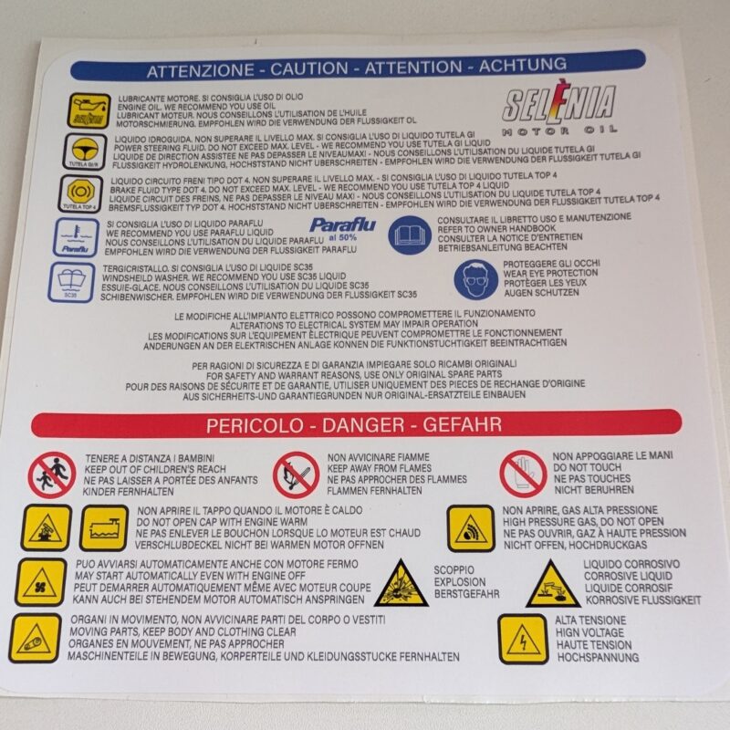 OIL & FLUID GUIDANCE + DANGER ICONS - Under Bonnet Sticker / Decal