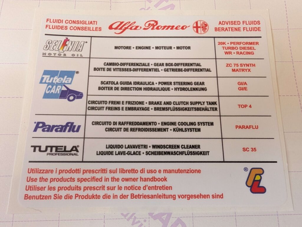 ALFA ROMEO ADVISED FLUIDS (White) - Under Bonnet Sticker / Decal