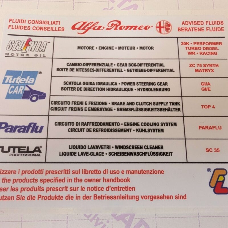 ALFA ROMEO ADVISED FLUIDS (White) - Under Bonnet Sticker / Decal