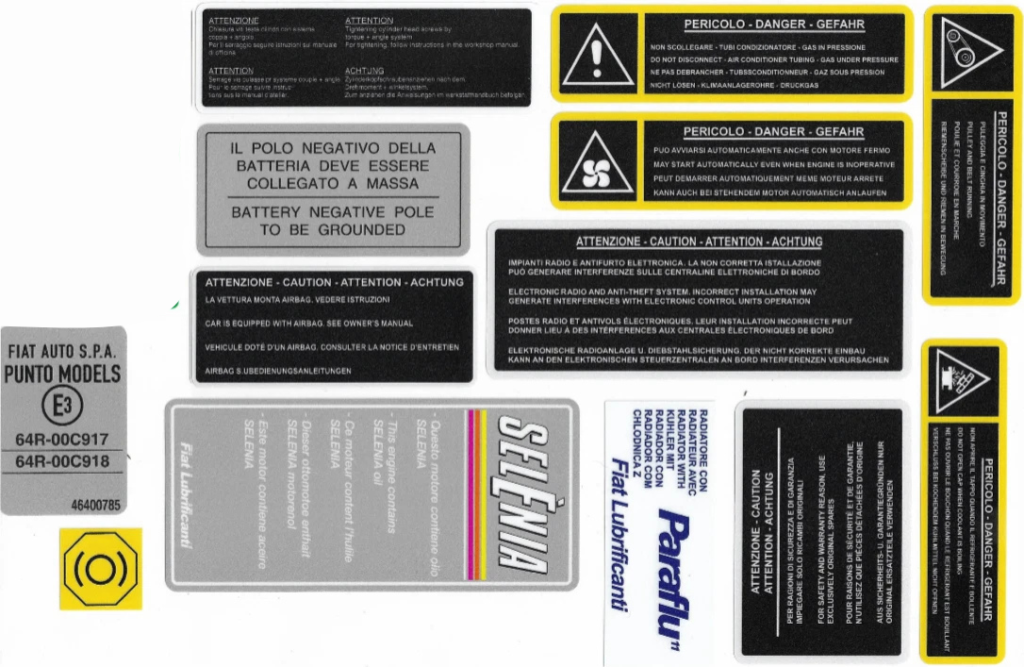 Fiat Punto Mk1 GT / Sporting / Bertone Cabriolet / Engine Bay Sticker Set
