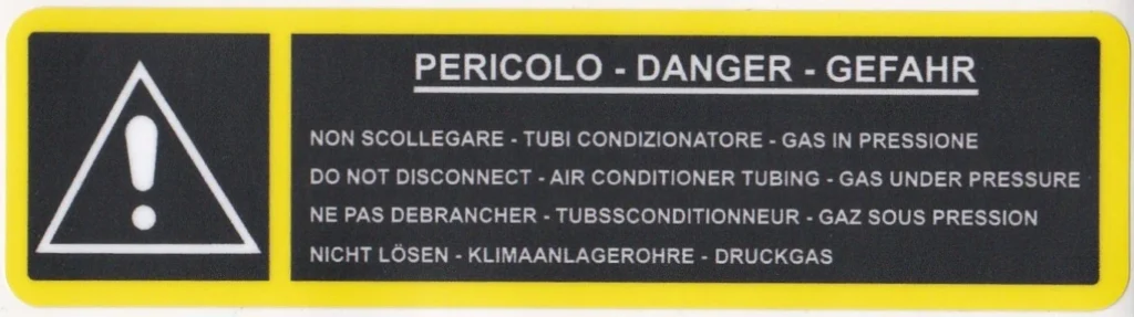 AIR CON WARNING Engine Bay Sticker Various Alfa Romeo, Fiat, Lancia 12856080