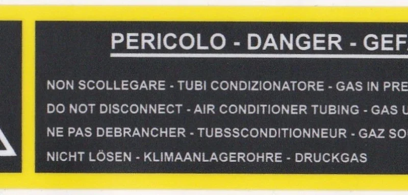 AIR CON WARNING Engine Bay Sticker Various Alfa Romeo, Fiat, Lancia 12856080