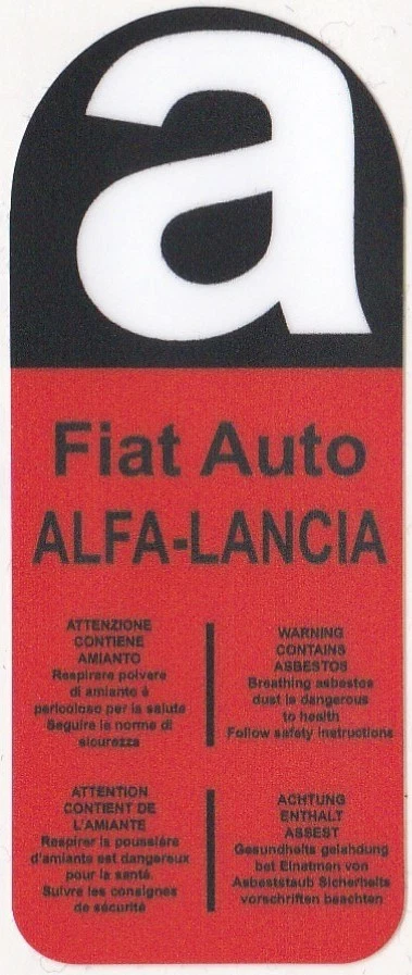 ASBESTOS WARNING – Under Bonnet Sticker / Decal for Fiat, Alfa Romeo and Lancia models
