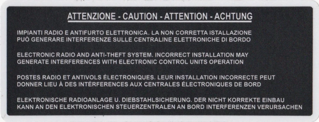 ELECTRONIC RADIO & ANTI THEFT SYSTEM - Under Bonnet Sticker / Decal